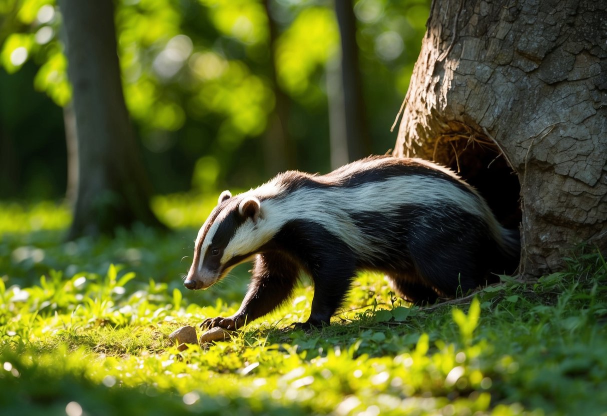 A badger emerges from a burrow, foraging for food in a lush, green forest clearing. The sunlight filters through the trees, casting dappled shadows on the ground