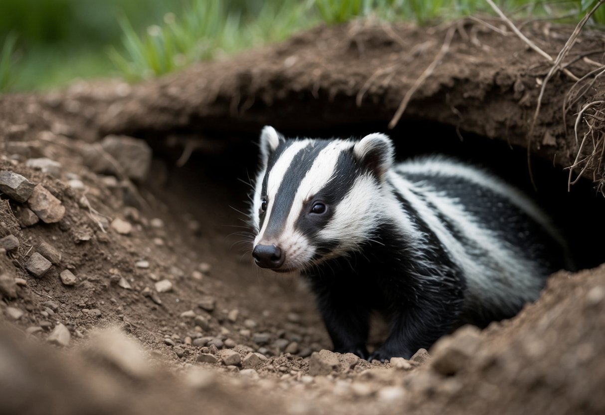 A badger emerges from its burrow, its black and white striped face peering curiously at the observer