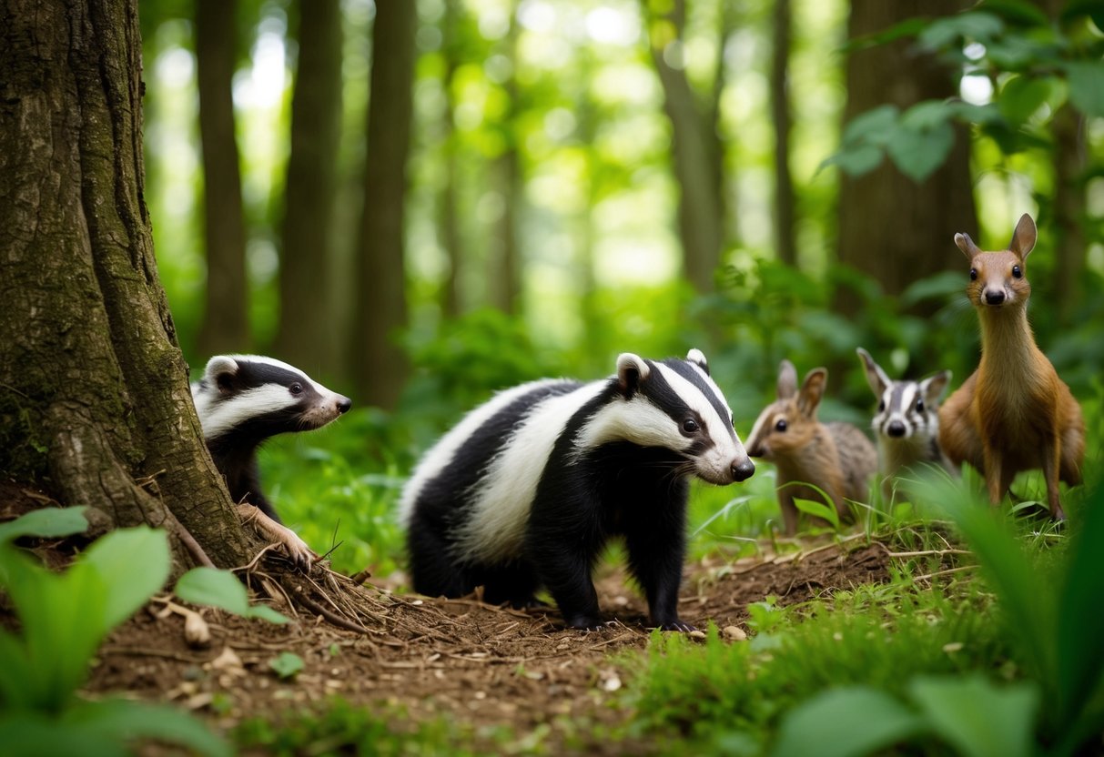 A lush forest with a small clearing, where a badger emerges from a burrow, surrounded by various other woodland creatures