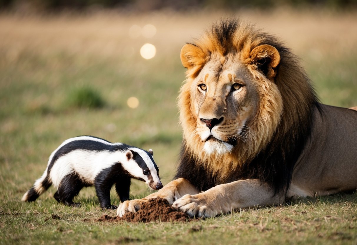 A lion marks its territory with feces while a curious badger investigates nearby