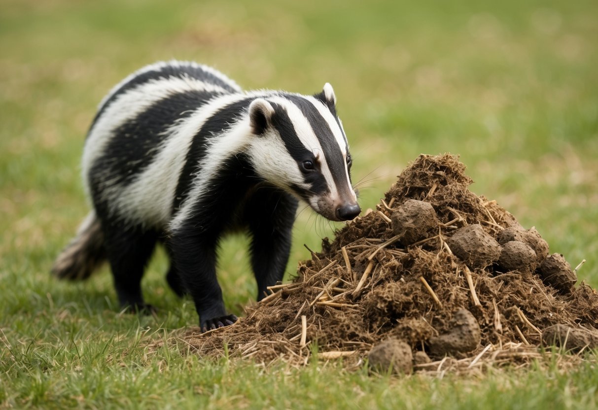 A badger sniffs cautiously at a pile of lion feces in a grassy clearing, its nose wrinkling in distaste