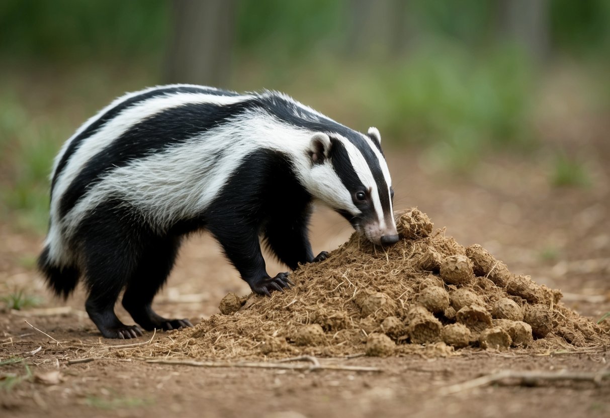 A badger cautiously sniffs a pile of lion feces in a forest clearing