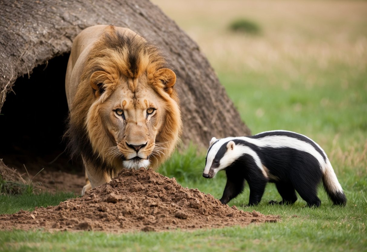 A lion leaves a fresh pile of poo near a burrow as a curious badger cautiously sniffs the air