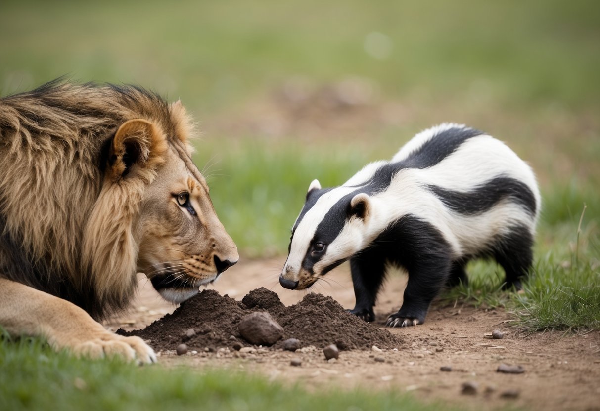A lion's droppings placed near a badger burrow, with a curious badger cautiously sniffing the area