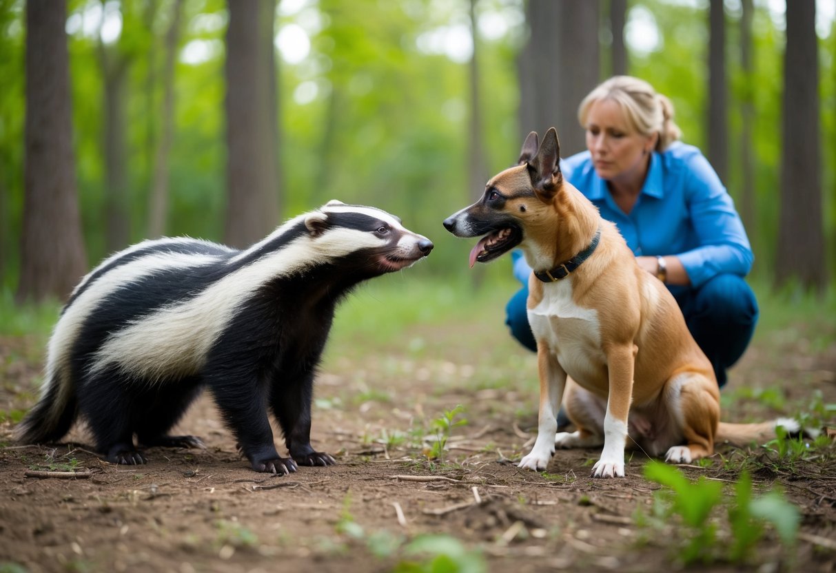 A badger and a dog face off in a forest clearing, while a concerned owner looks on from a distance