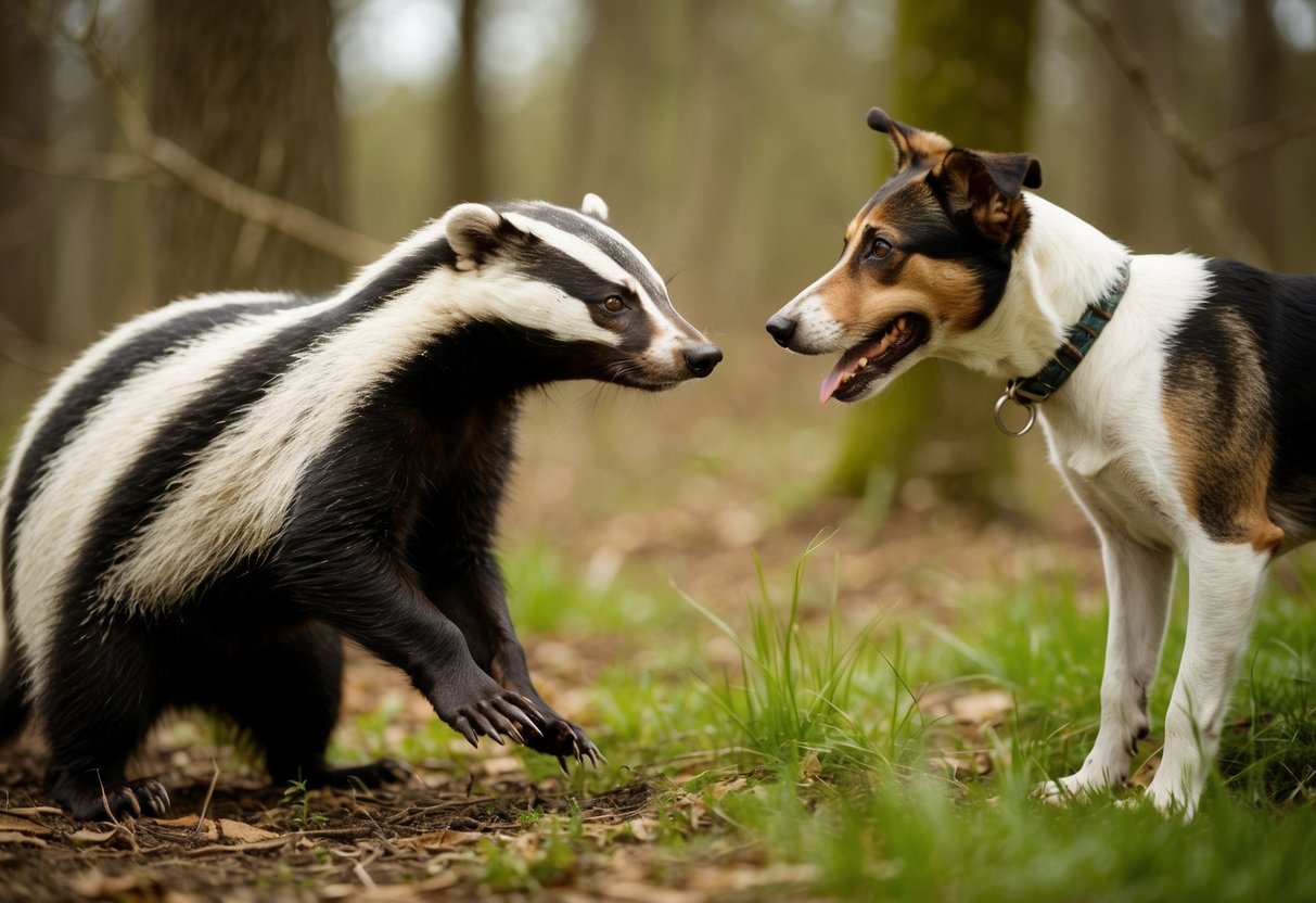 A badger and a dog encounter each other in a wooded area. The badger appears wary and defensive, while the dog seems curious but cautious