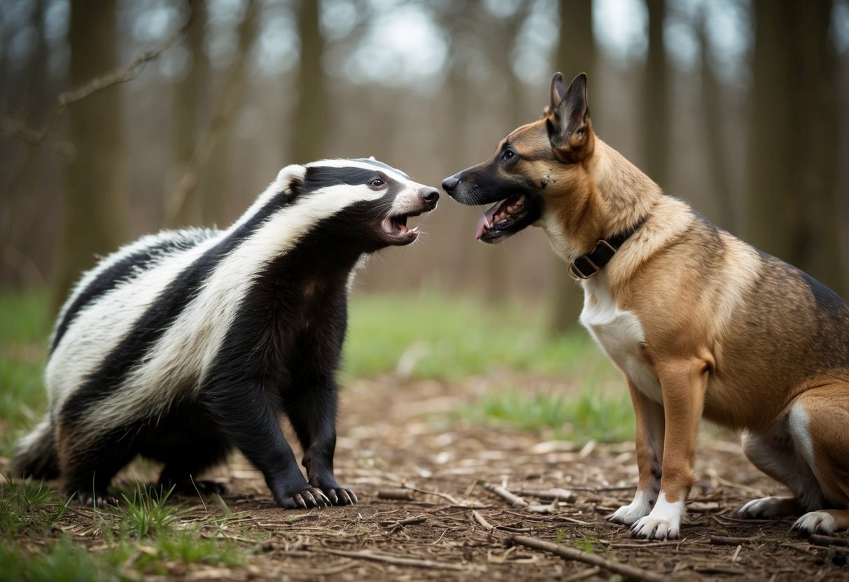A badger and a dog facing each other in a wooded area, with the badger showing signs of aggression and the dog looking wary
