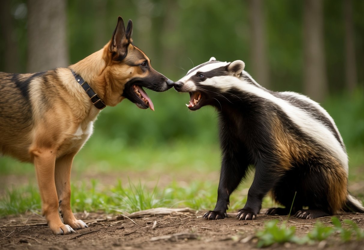 A dog and a badger face off in a forest clearing, their bodies tense as they size each other up. The dog's fur bristles while the badger bares its teeth, a potential clash of predator and prey