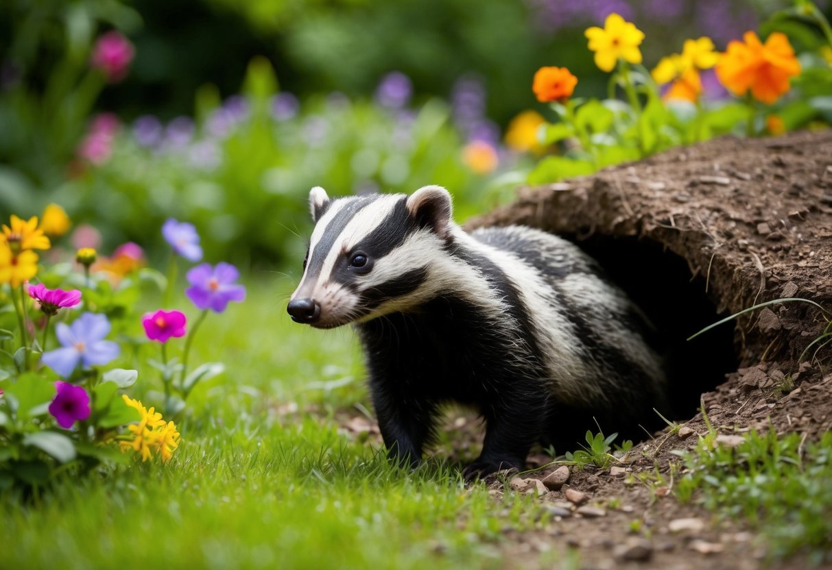 A badger emerges from a burrow in a lush garden, surrounded by colorful flowers and greenery