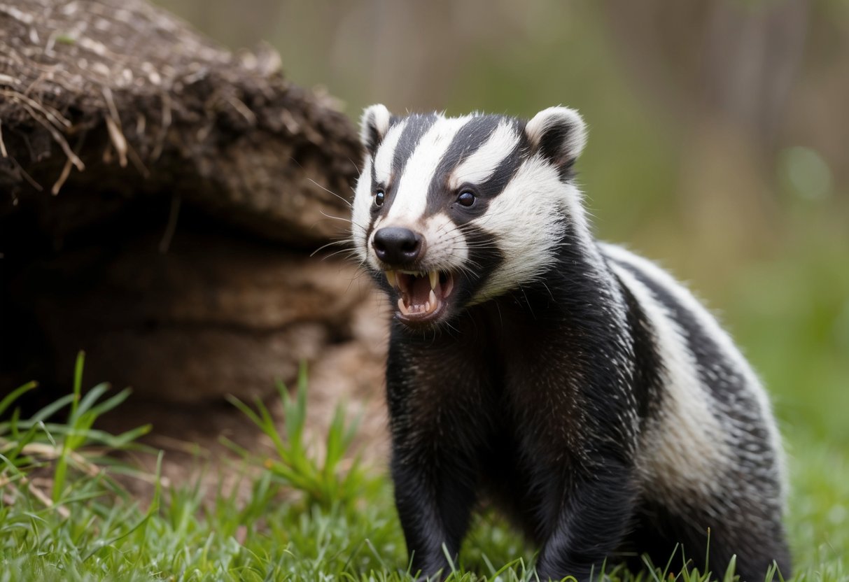 A badger snarls and bares its teeth, standing defensively in front of its den