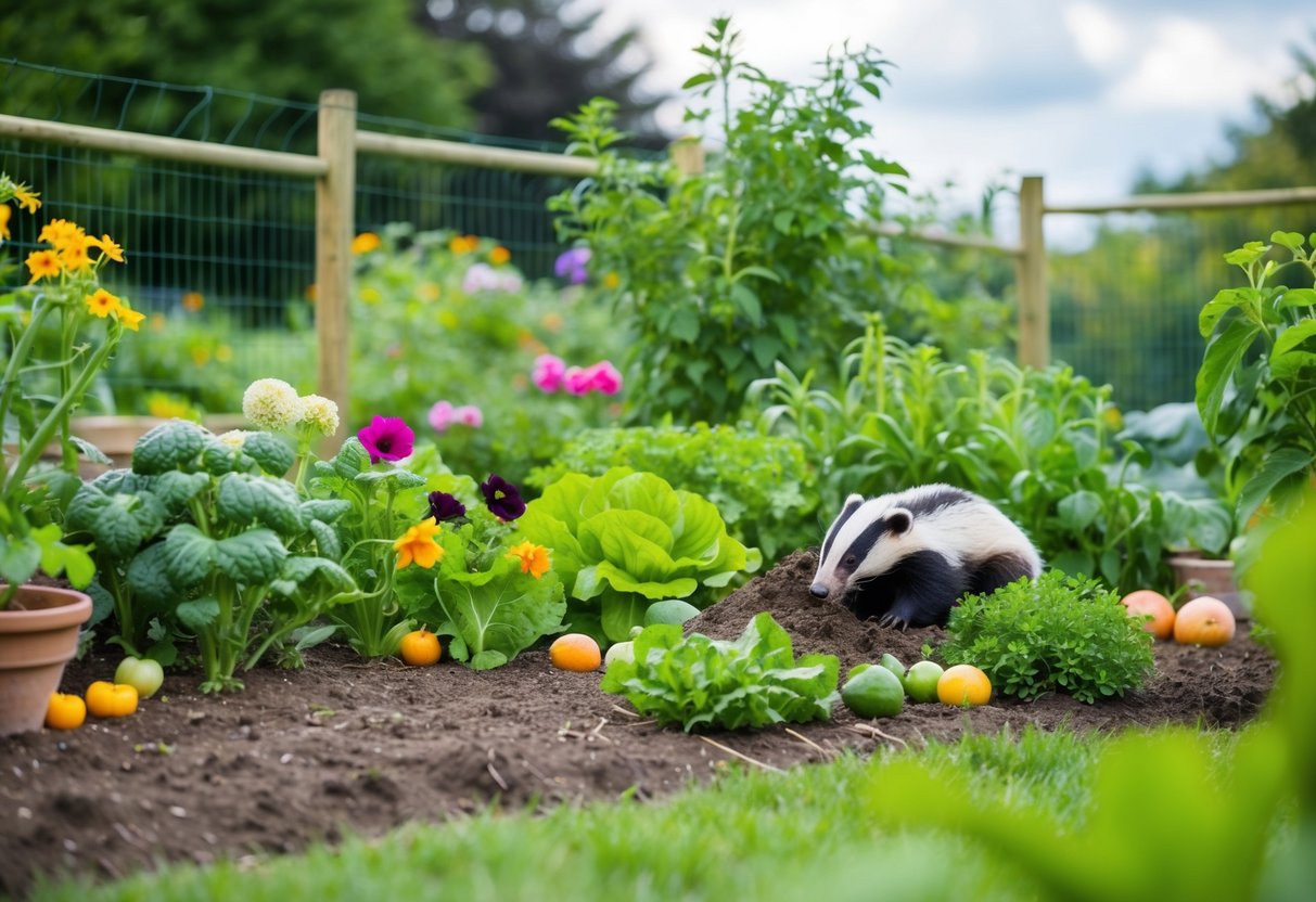 A lush garden with a mix of flowers, vegetables, and fruits. A badger digs up a section while a fence and natural deterrents surround the perimeter