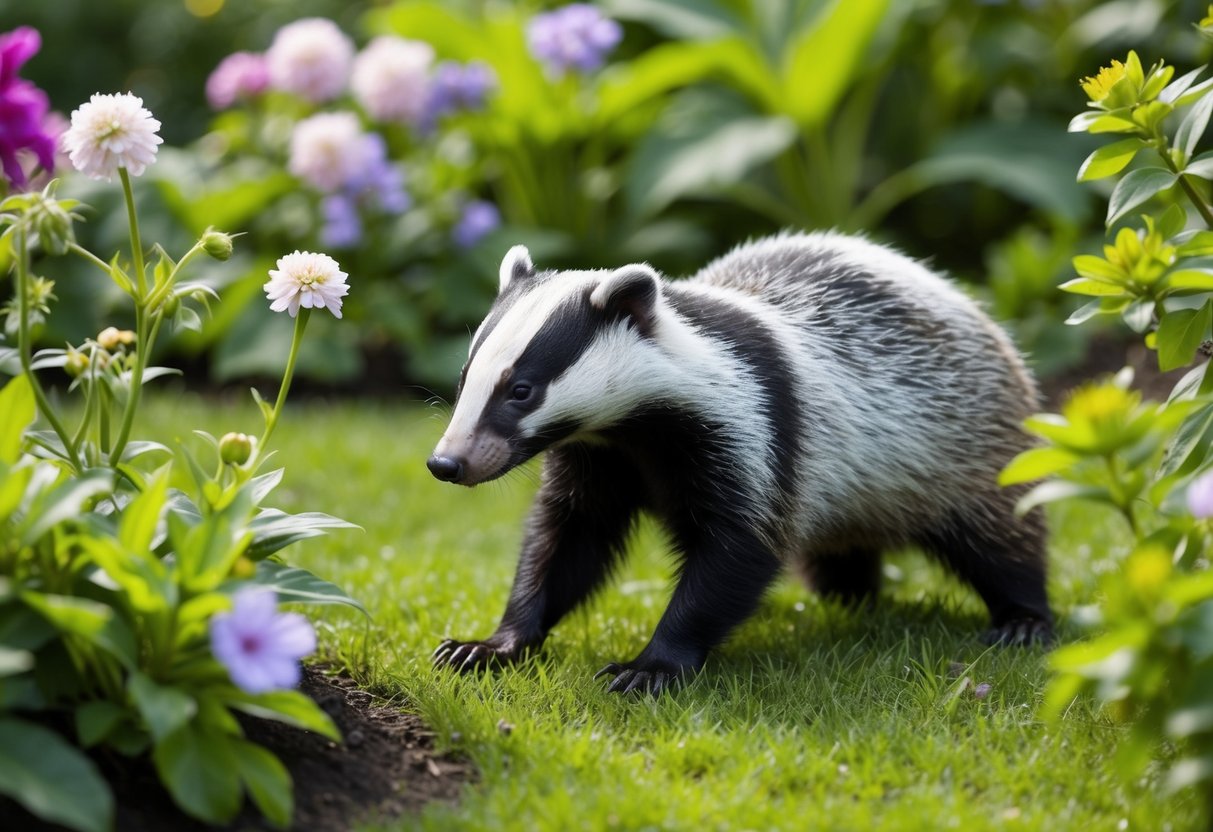 A badger peacefully foraging in a lush garden, surrounded by blooming flowers and thriving plants
