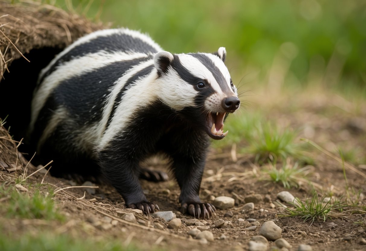 A badger emerges from its burrow, snarling and baring its teeth as it defends its territory in the UK countryside