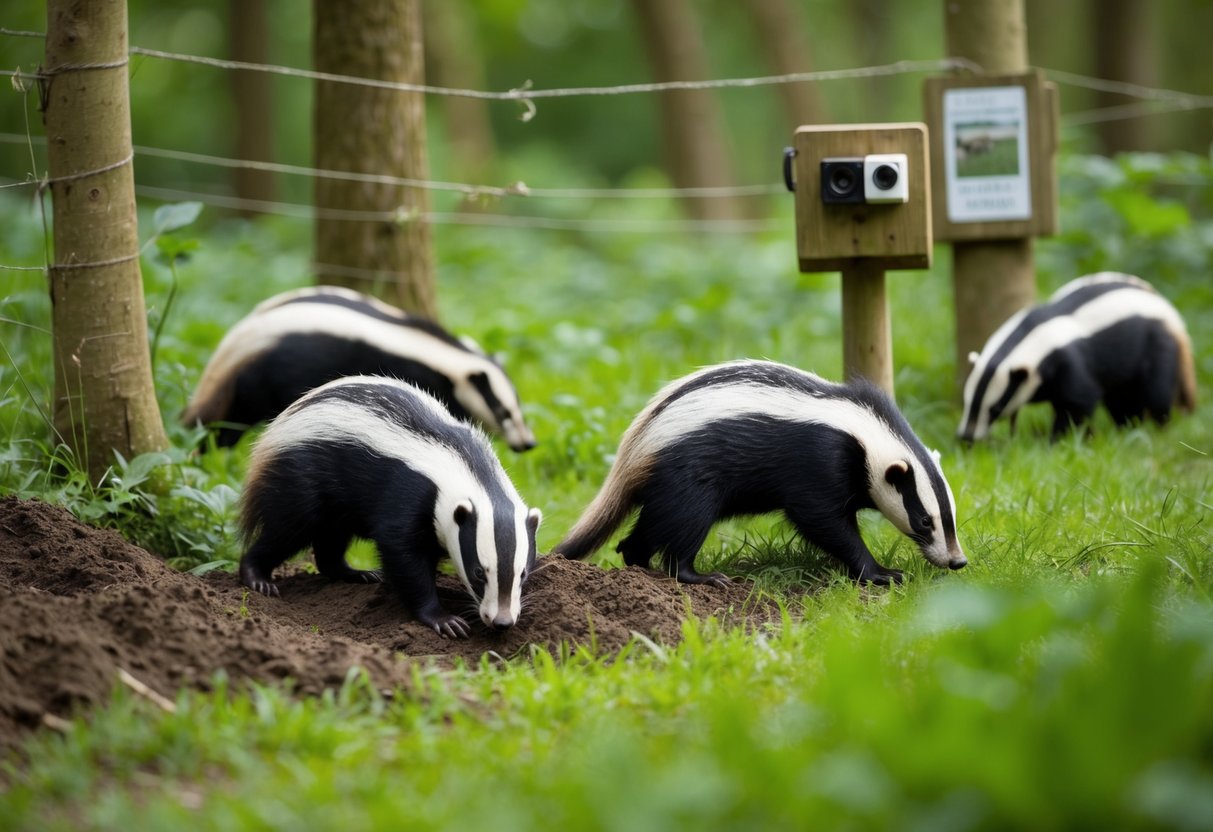 A group of badgers digging and foraging in a lush, protected woodland area, with signs of conservation efforts such as fencing and wildlife cameras