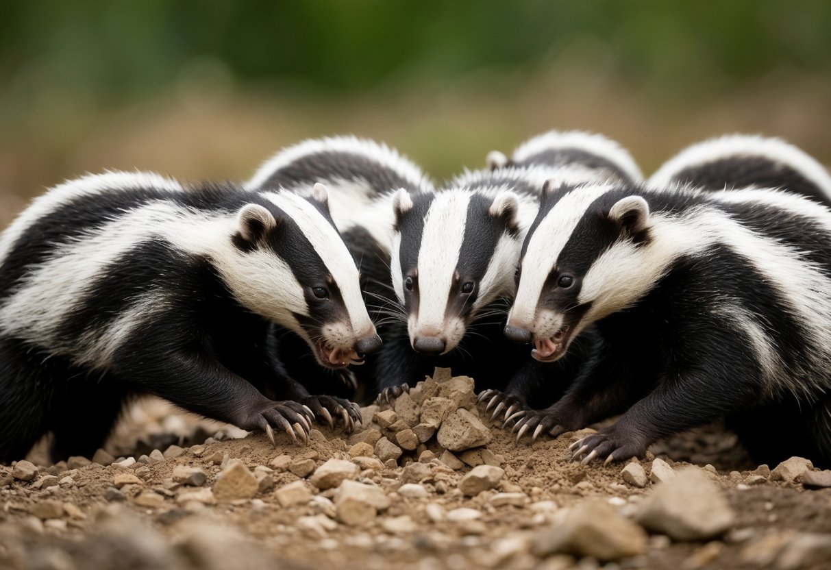 A group of badgers gather around a disturbed burrow, their sharp claws and teeth visible as they appear to be in a confrontation