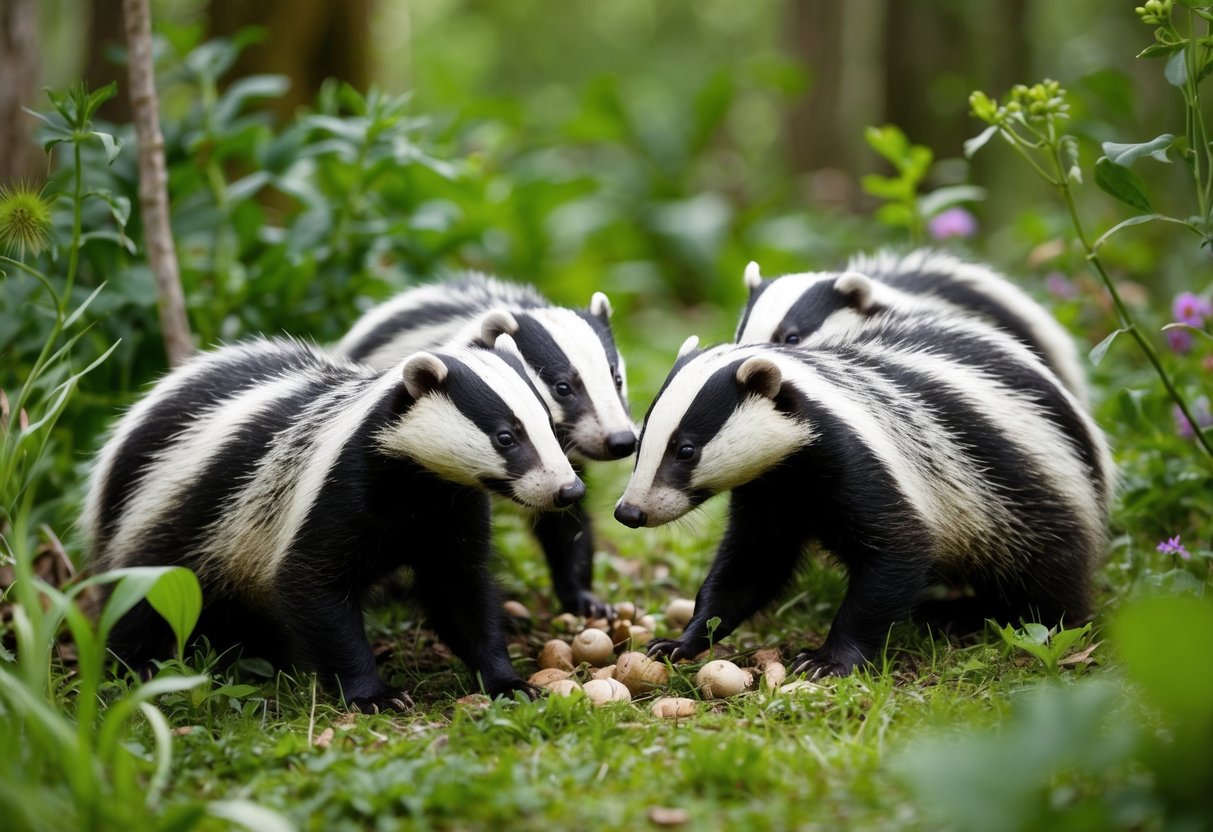 A group of badgers foraging for food in a lush forest, surrounded by various plants and small animals