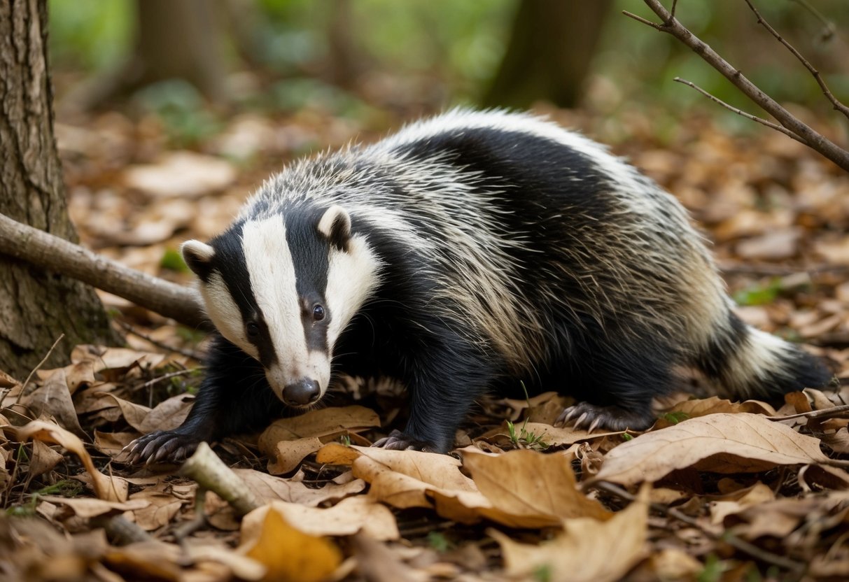 An injured badger lies in a wooded area, surrounded by fallen leaves and branches. Its fur is matted and it appears to be in pain