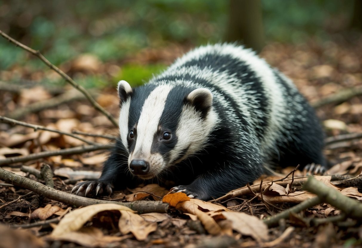 A badger lies injured in a forest clearing, surrounded by fallen leaves and twigs. Its fur is matted and it looks up with pleading eyes