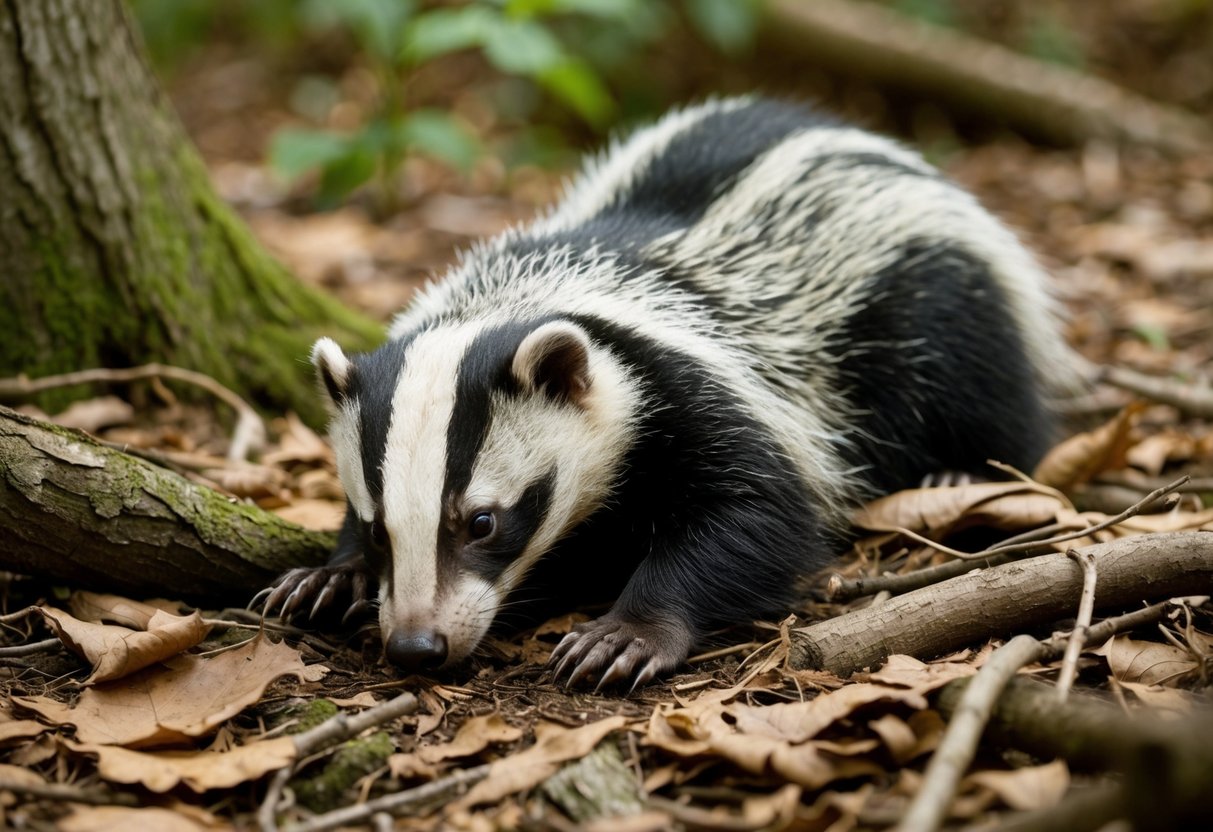 An injured badger lies in a wooded area, surrounded by fallen leaves and twigs. Its fur is matted and its eyes are half-closed in pain