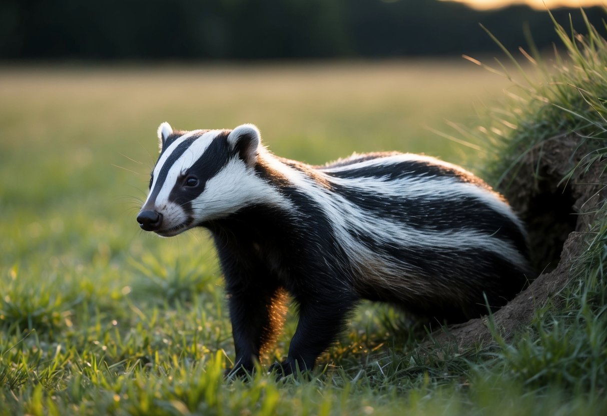 A badger emerges from its burrow in a grassy field at dusk, sniffing the air with its distinctive black and white striped face