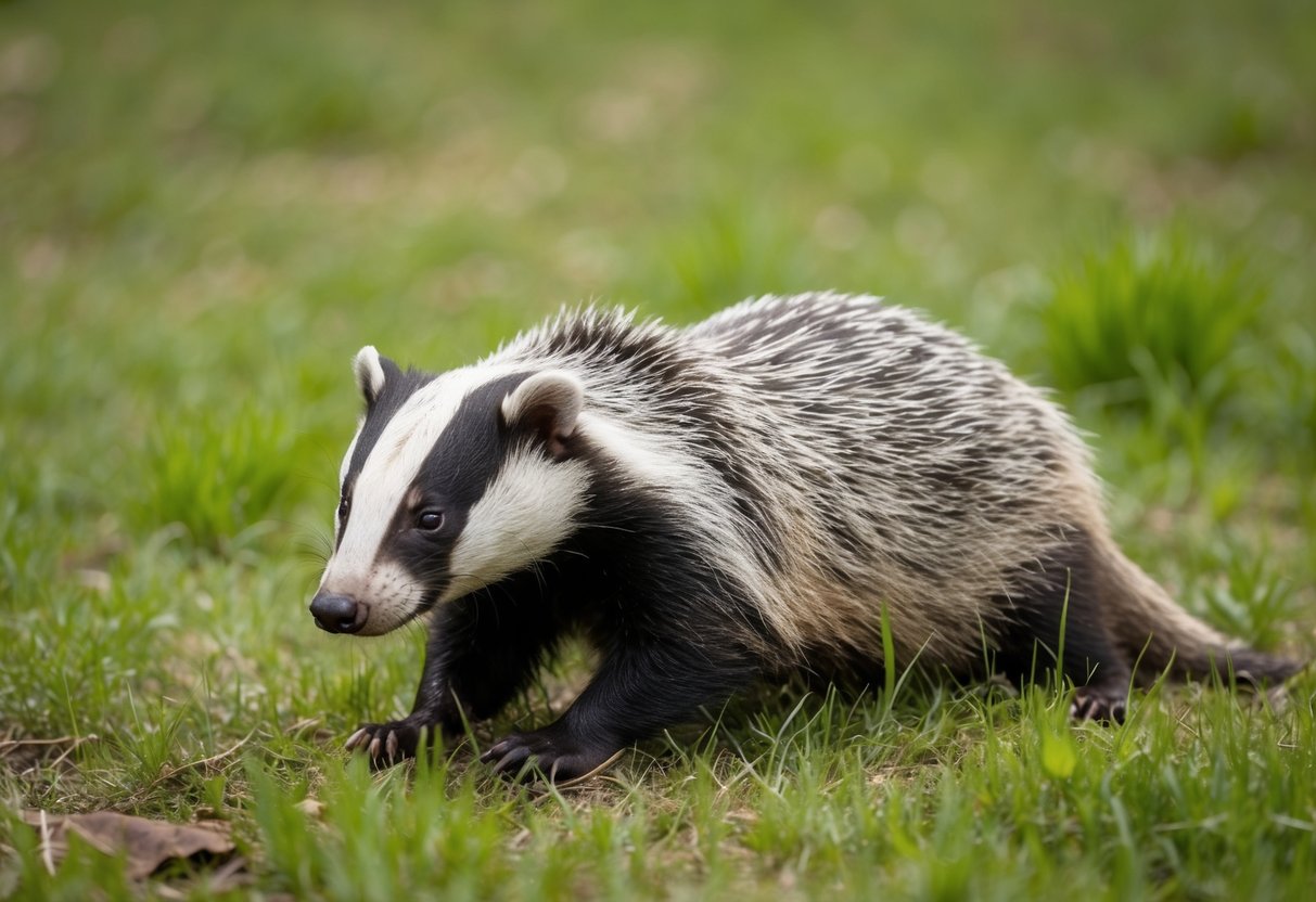 An injured badger lying in a grassy clearing, with its fur matted and a slight limp in its movement