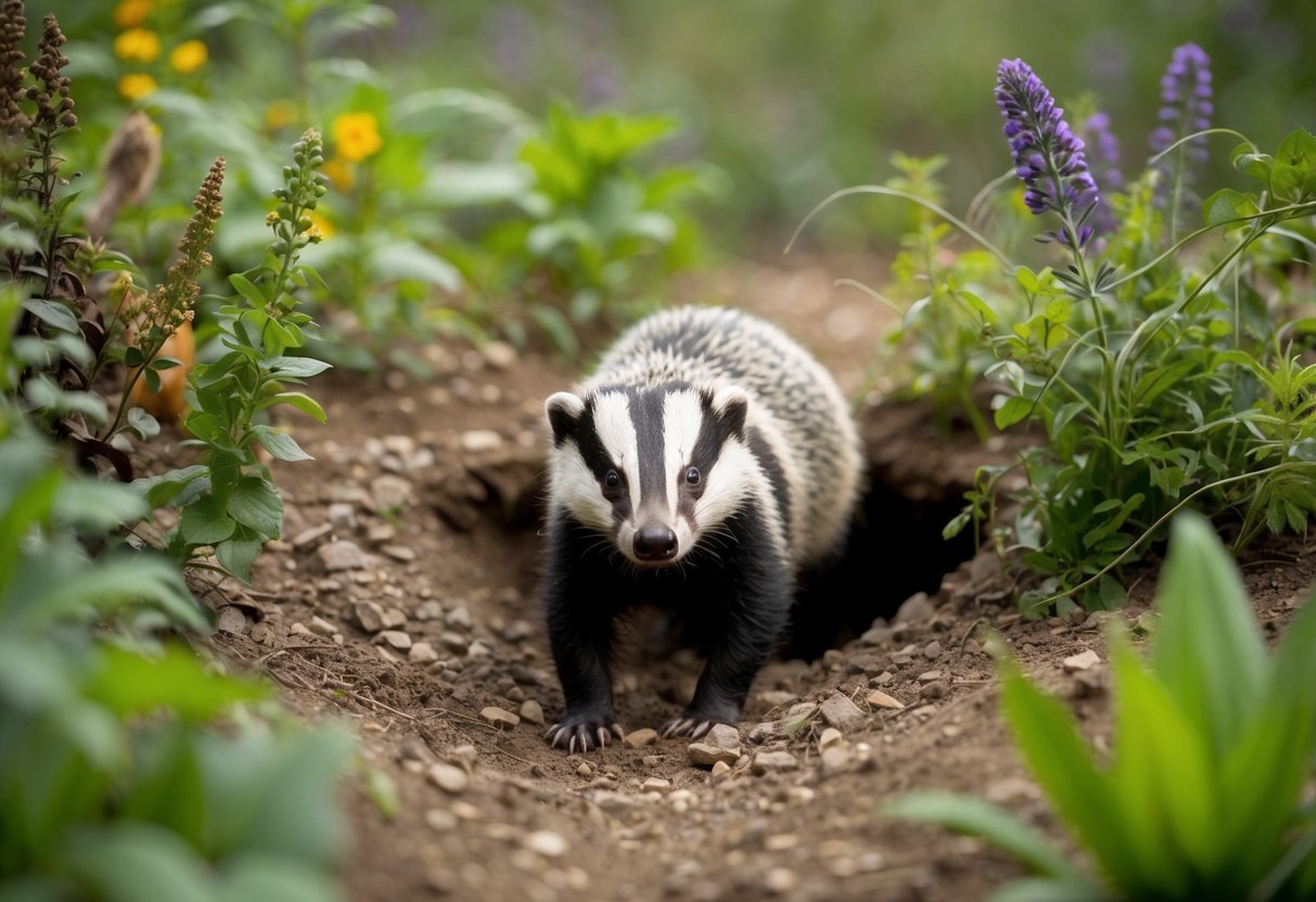 A badger cautiously emerges from its burrow, surrounded by a diverse array of plants and wildlife