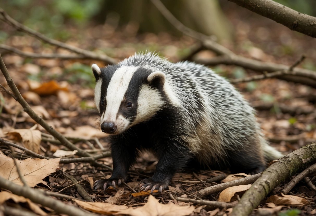 An injured badger lies in a wooded area, surrounded by fallen leaves and twigs. Its fur is matted and it appears to be in pain, with a slight limp in its hind leg