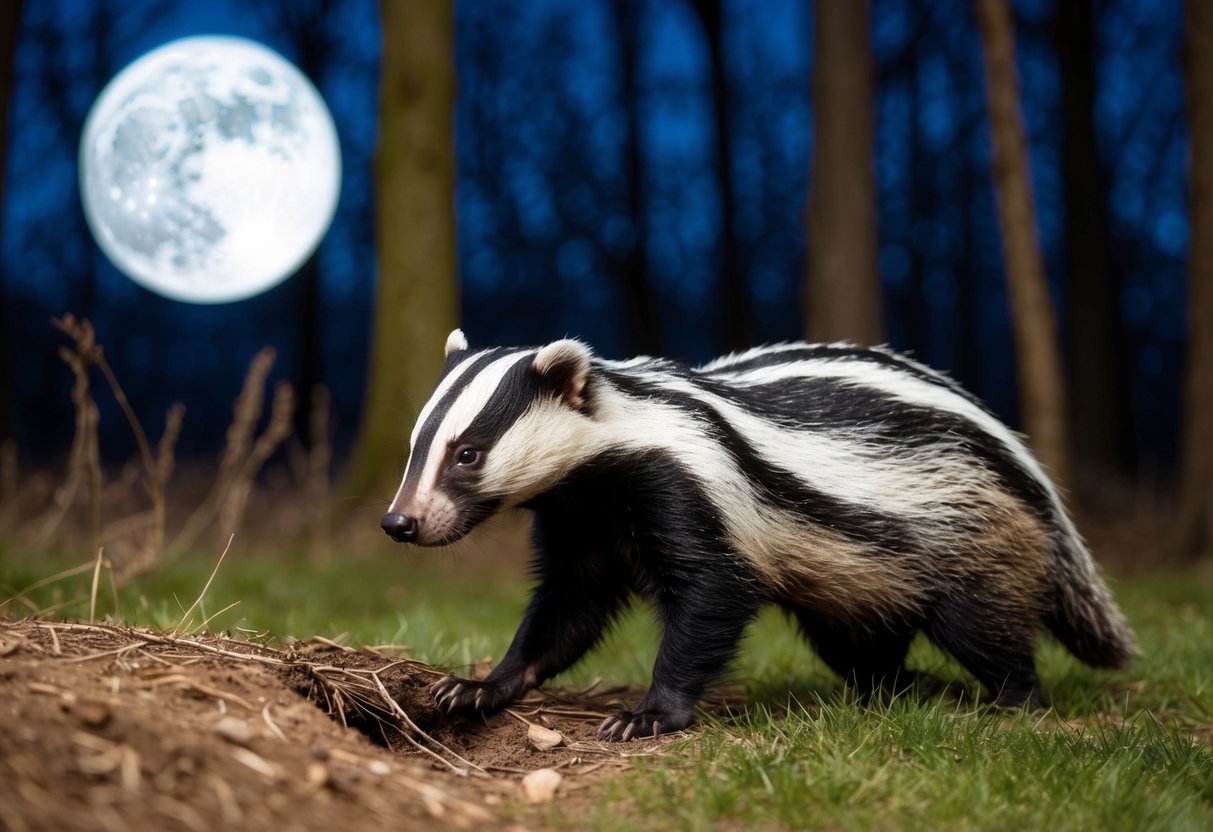 A badger emerges from its burrow, sniffing the air cautiously as it searches for food in the moonlit forest