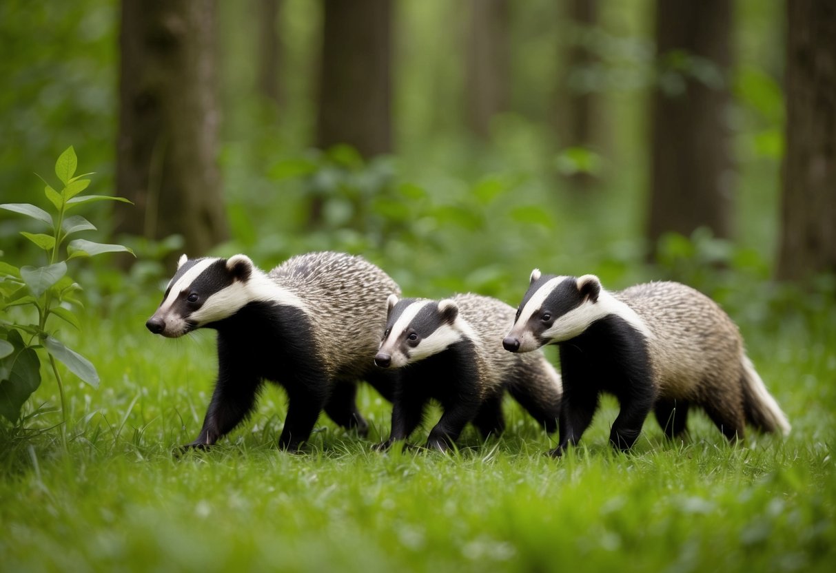 A family of badgers roam through a lush forest, displaying a variety of coat colors and patterns, showcasing their genetic diversity