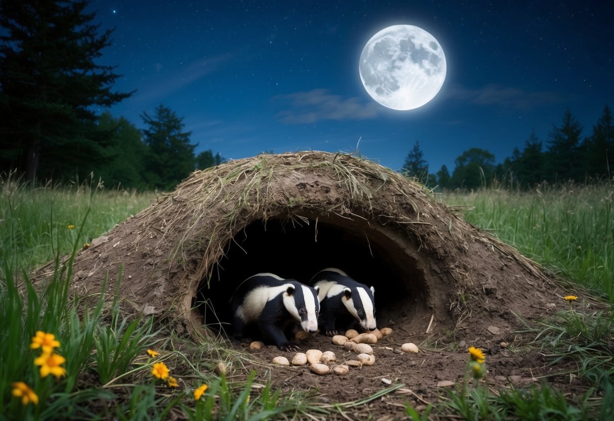 A moonlit forest clearing with a burrow entrance, surrounded by tall grass and scattered wildflowers. Two badgers emerge, foraging for food under the starry sky