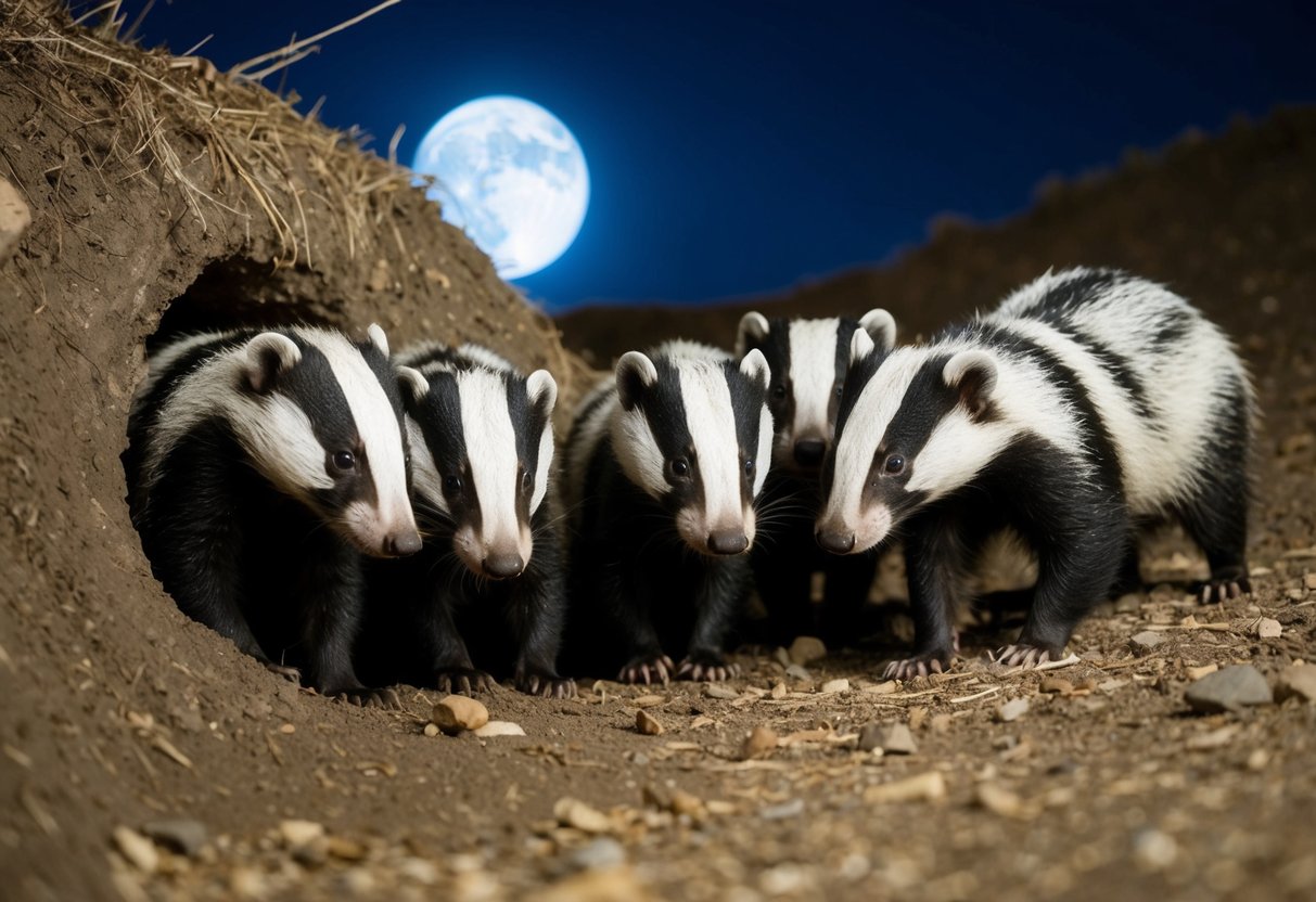 A group of badgers emerges from their underground burrow, sniffing the air for signs of danger before venturing out into the moonlit night
