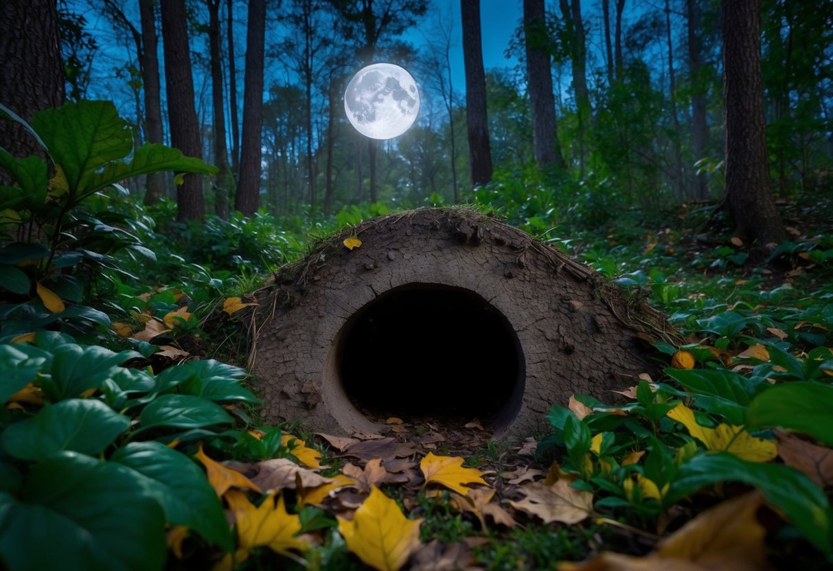 A moonlit forest clearing with a burrow entrance, surrounded by lush vegetation and fallen leaves