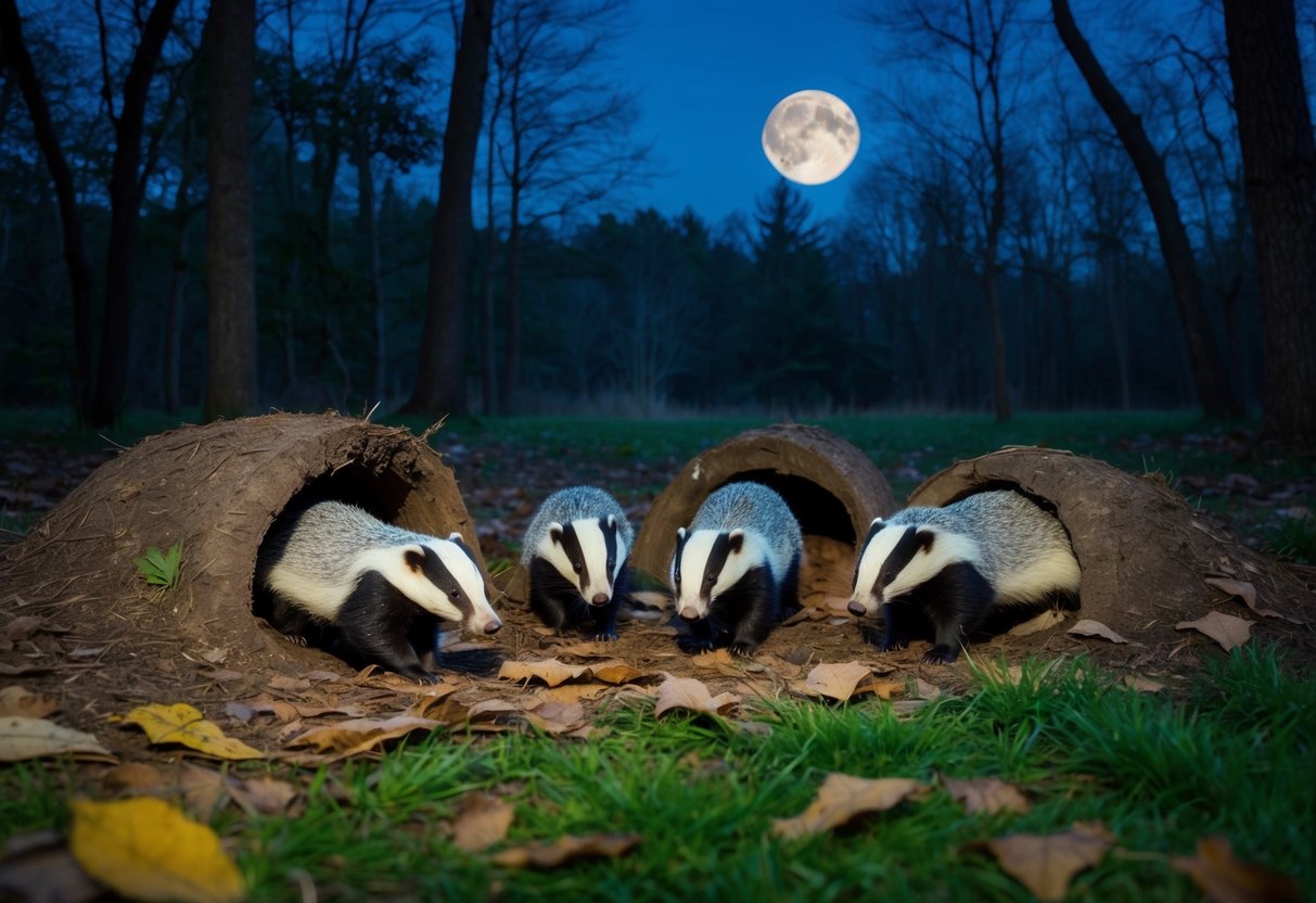 A moonlit forest clearing with burrows, scattered leaves, and a group of badgers emerging at dusk