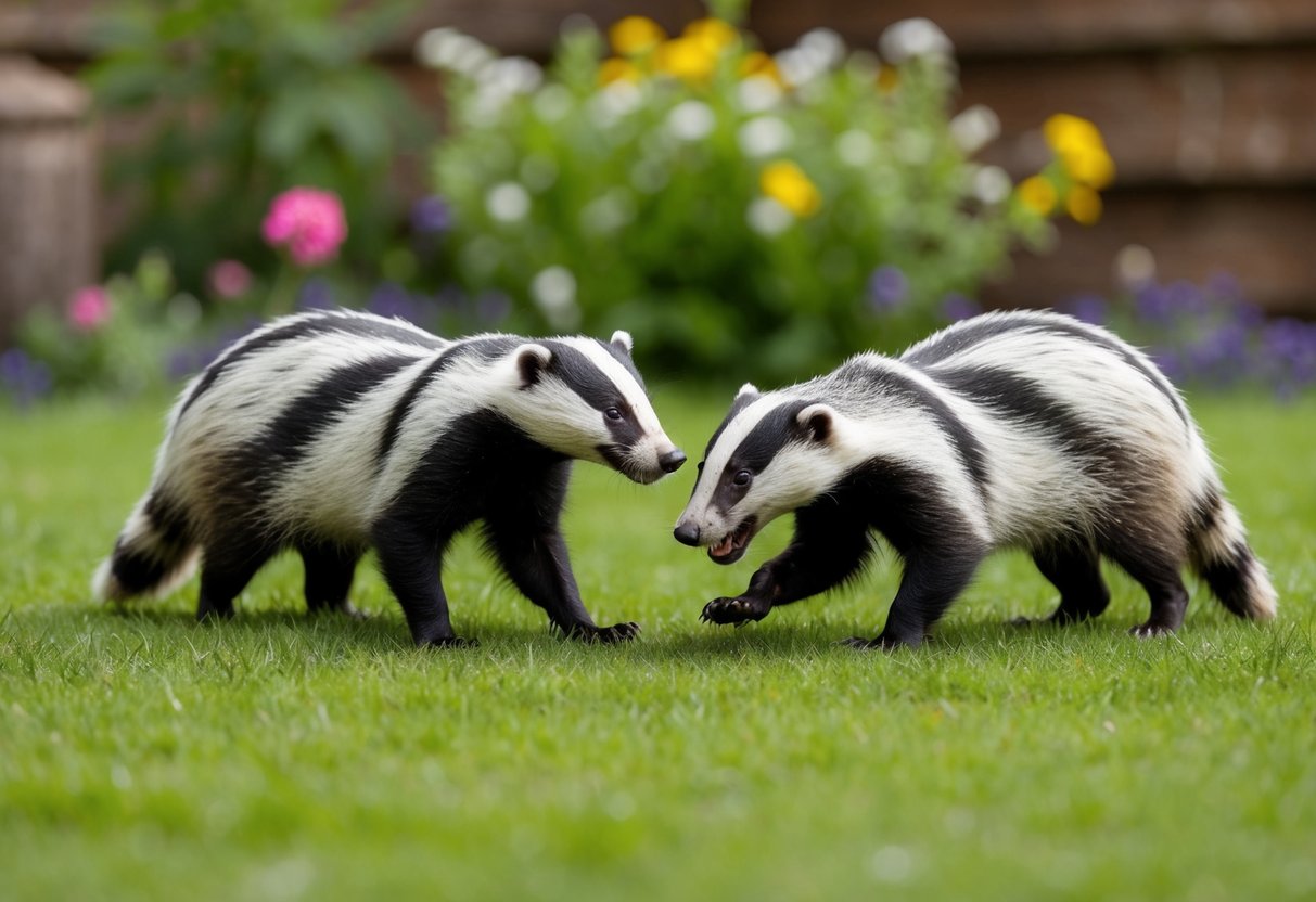 A peaceful garden with badgers cautiously avoiding a barking dog