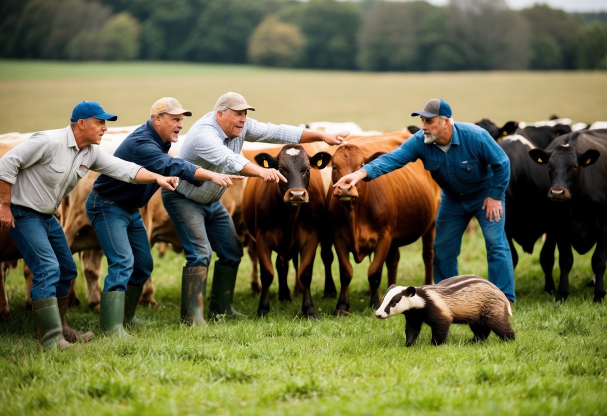 A group of angry farmers pointing at a herd of cows while a badger looks on from the edge of the field