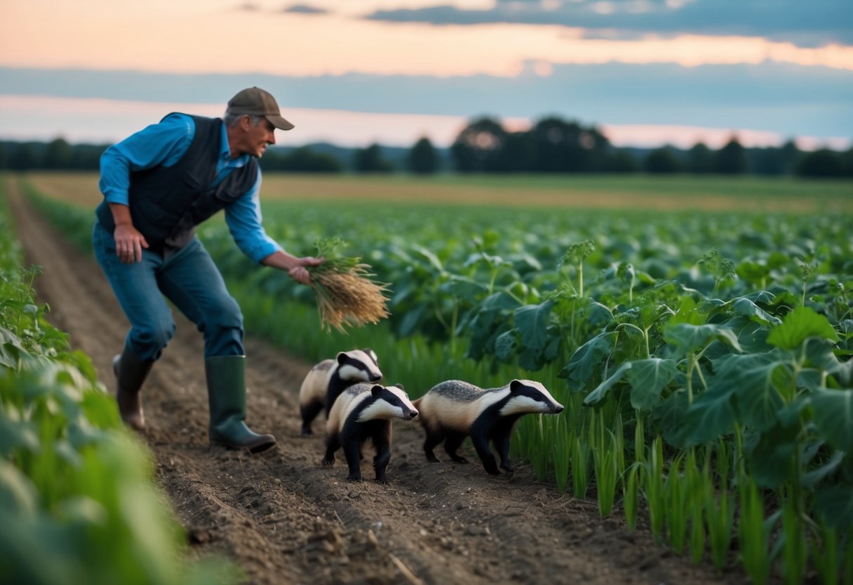 A farmer chasing away a group of badgers from a field of crops at dusk