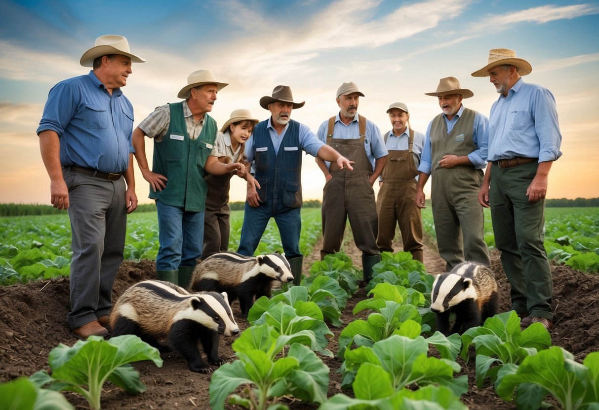 A group of frustrated farmers pointing at their damaged crops, while a family of badgers looks on from a nearby burrow