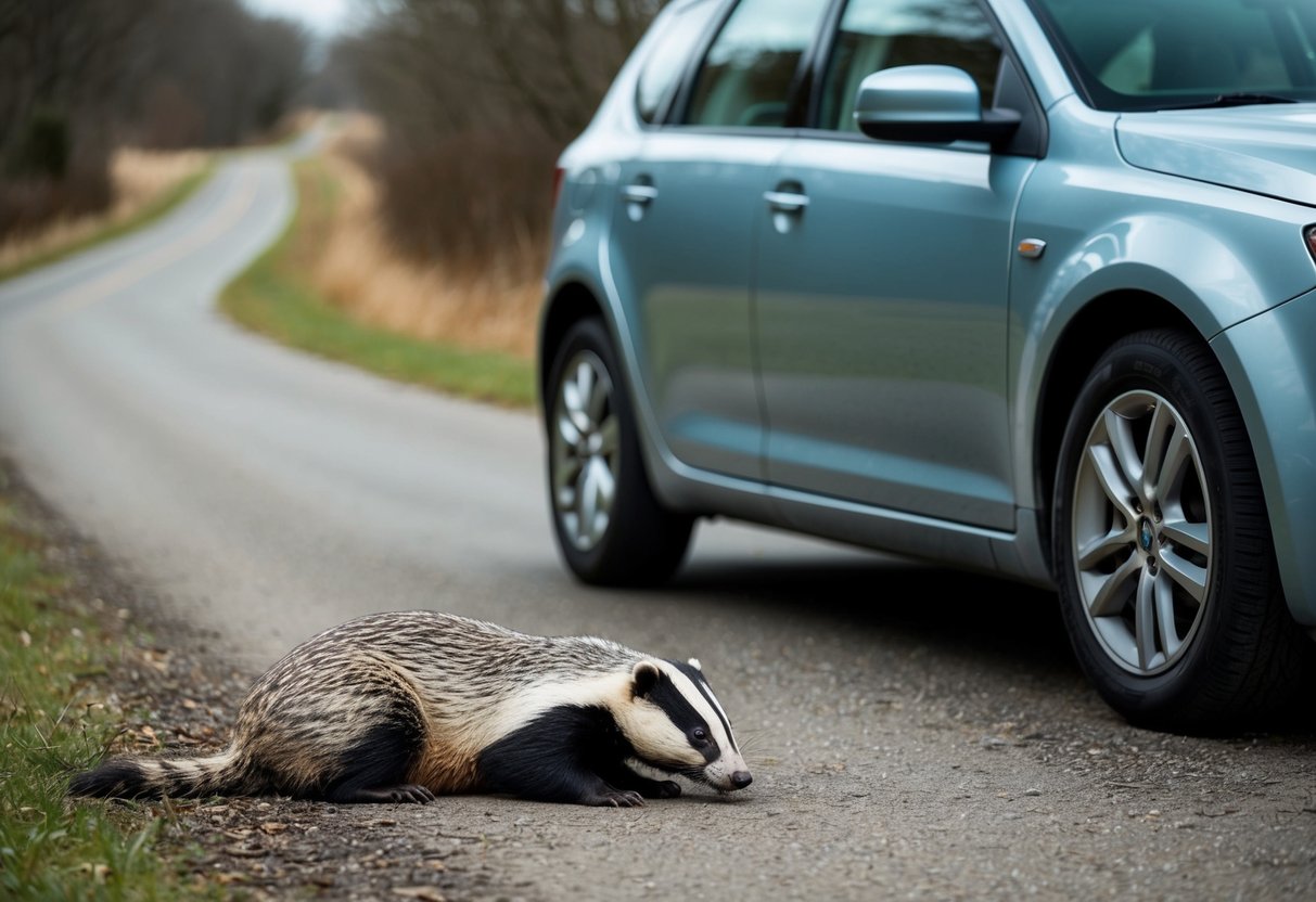 A car on a rural road, with a badger lying on the ground
