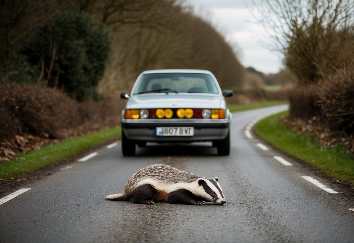 A car on a country road with a badger lying on the ground, surrounded by trees and bushes