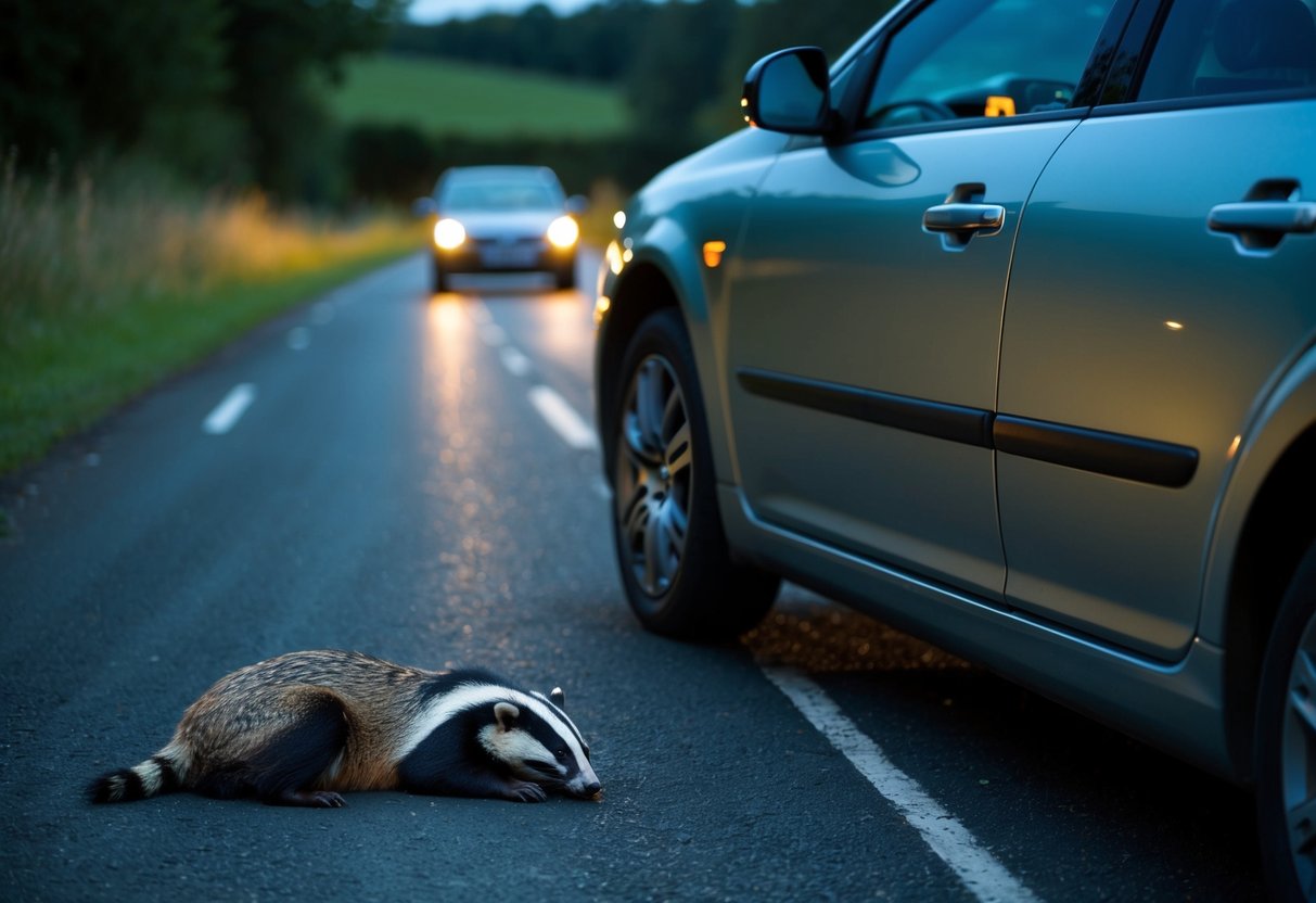 A car stopped on a country road at night, with a damaged badger lying on the ground and the driver on the phone, appearing concerned