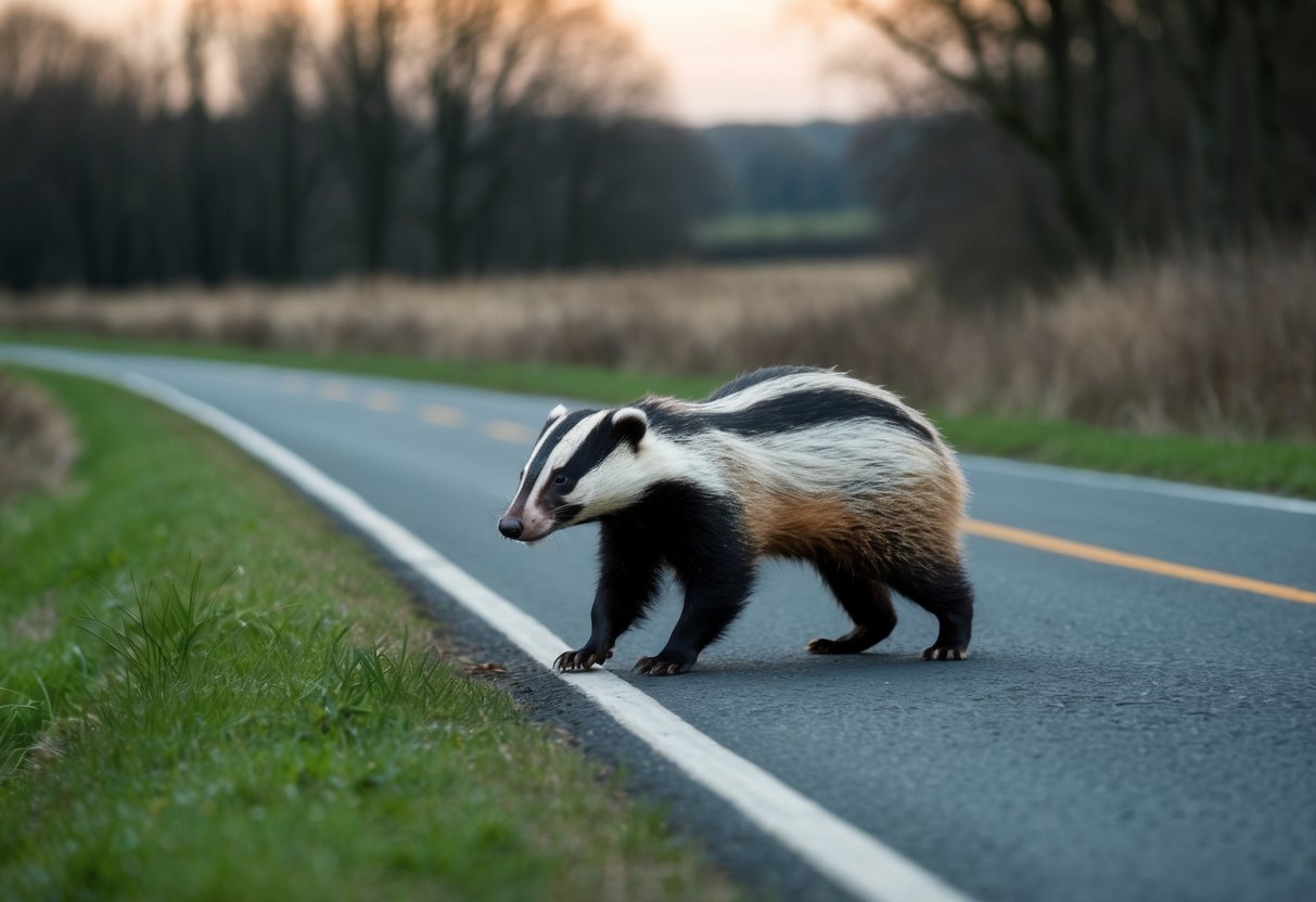 A badger crossing a country road at dusk, surrounded by dense woodland and fields