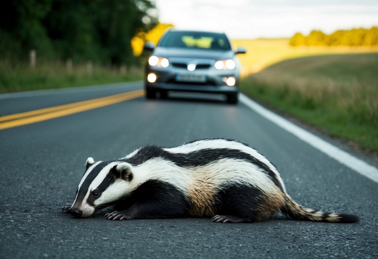 A car on a country road, headlights illuminating a badger lying motionless on the ground