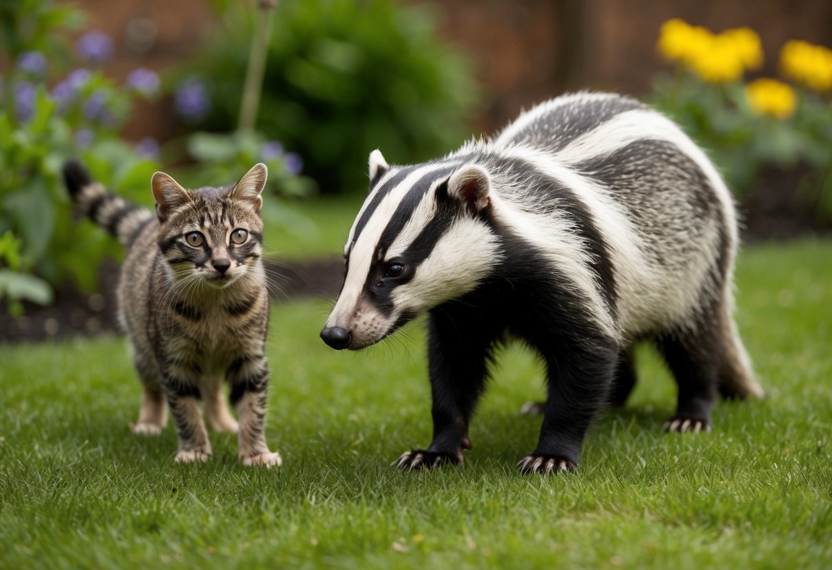 A badger sniffs around a garden, eyeing a curious cat cautiously