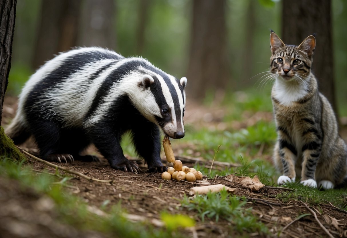A badger foraging for food in a forest, with a cat cautiously watching from a safe distance