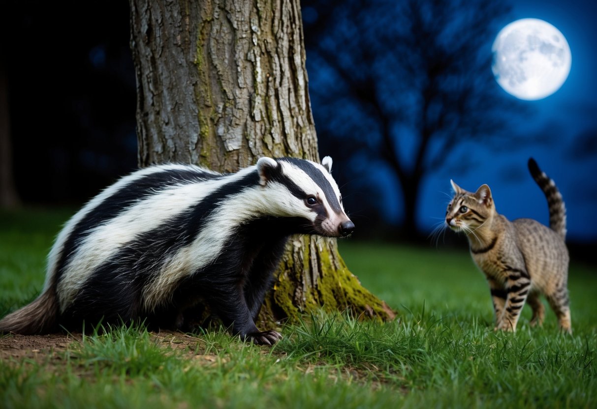 A badger lurking near a tree, eyeing a cat cautiously from a distance in the moonlit night