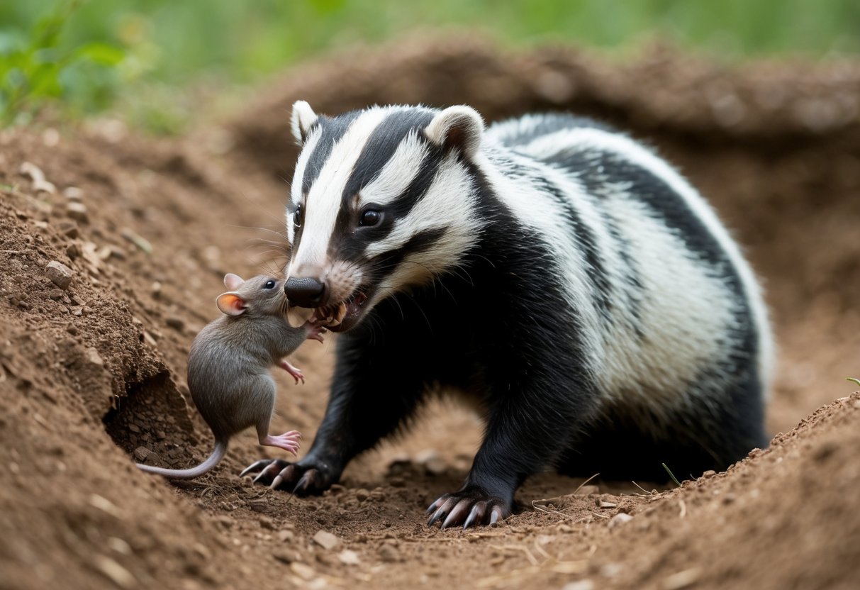 A badger digs into a burrow, emerging with a rat in its jaws