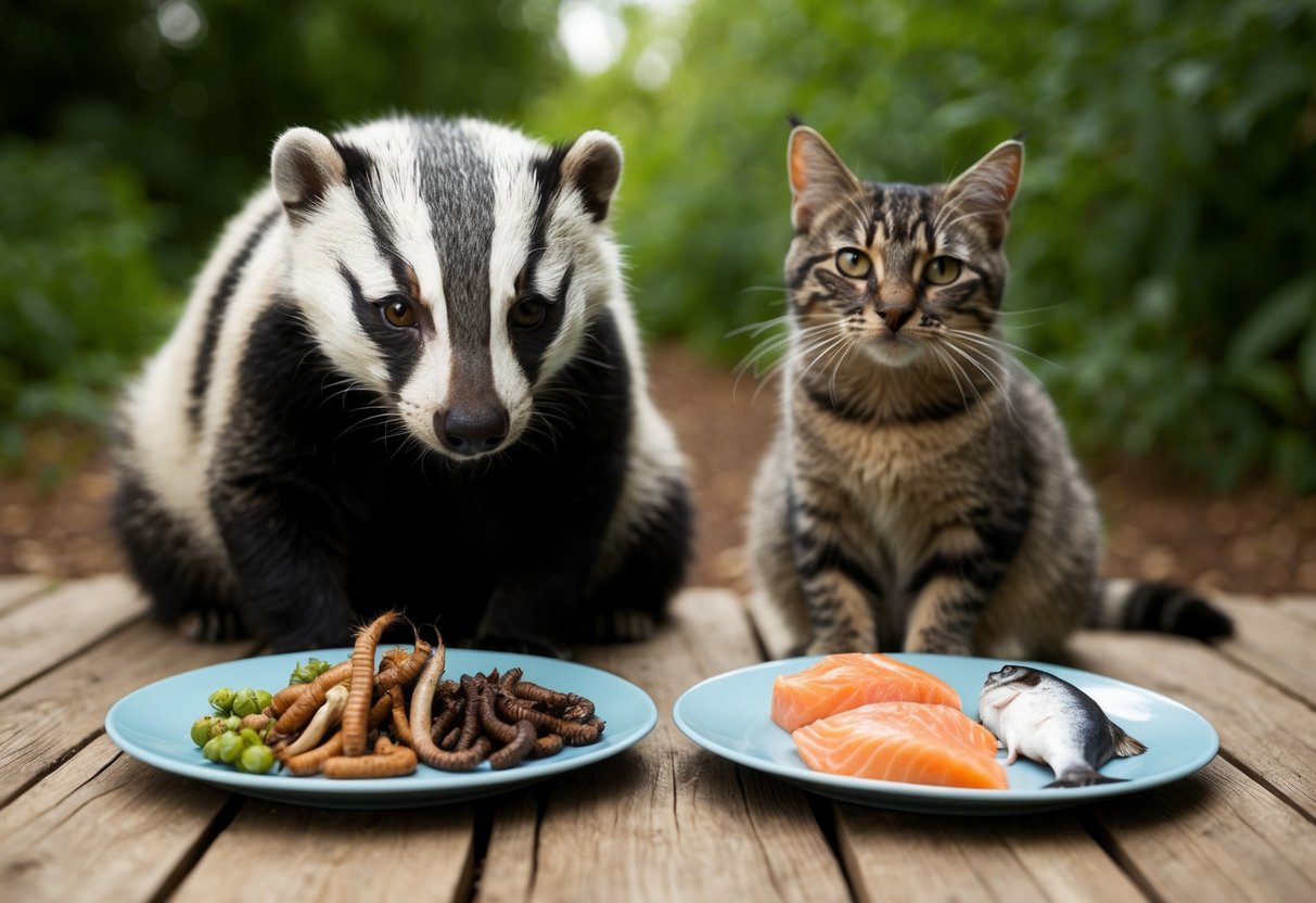 A badger and a cat sit side by side, each with their own distinct diet laid out in front of them. The badger's plate is filled with worms and grubs, while the cat's plate holds fish and meat