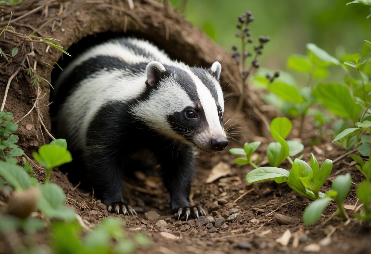 A badger emerges from its burrow, surrounded by a diverse ecosystem of plants and animals