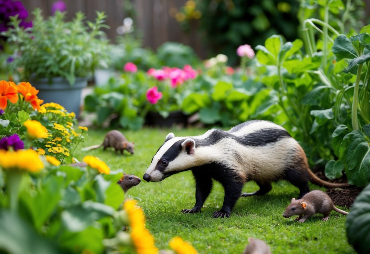 A lush garden with vibrant flowers and vegetables, overrun by rats. A curious badger cautiously approaches, sniffing the air