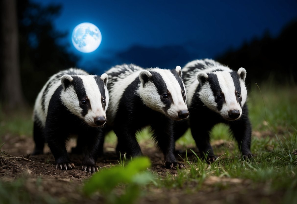 Badgers emerge from their burrow, under the moonlit night sky, foraging for food in the dimly lit forest